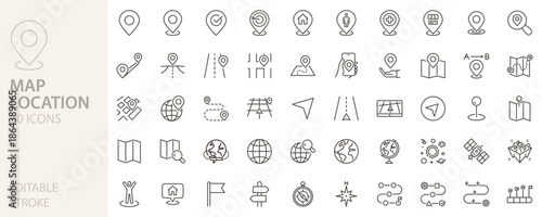 Map and location icon set. Navigation, GPS, direction, travel, route, destination, road, navigator icons. Thin line editable stroke vector illustrations.