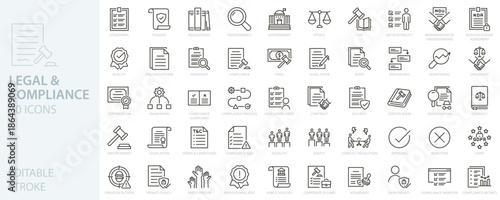 Legal and compliance icon set. Law, audit, data privacy, policy governance, regulatory, regulations icons. Thin line editable stroke vector illustrations.