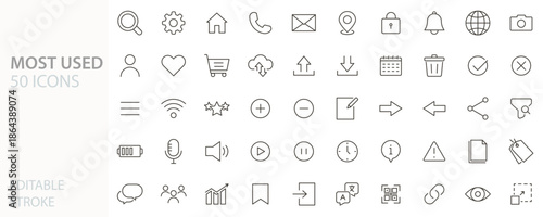 Modern icon set. 50 most used modern icon symbols. Interface symbols, business, finance, commerce, marketing, web design. Thin line vector illustration editable stroke.