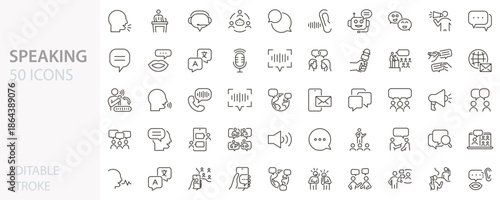 Speaking icons set. Communication icon symbols for talking, conversation, consultation, conference, voice, speech bubble and public speaking. Thin line editable stroke vector. Outline illustration