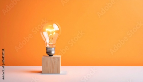 Lit lightbulb on wooden block against an orange backdrop, centered on white surface