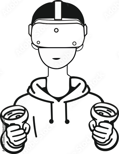 Virtual Reality Gamer Using VR Headset and Controllers Line Vector Illustration