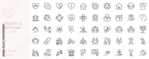 Charity and altruism icon set. Donation, kindness, volunteer, caring, generosity, helping, humanity. Thin line editable stroke vector outline icons illustrations.
