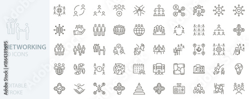 Networking icon set. Collaboration, communication, connection, business relations, community, social network, relationship. Thin line editable stroke vector outline illustrations.