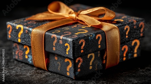 A mysterious gift box wrapped in black paper with orange question marks and tied with a golden ribbon