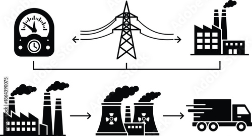 industrial energy flow diagram, power generation and transmission vector icons, factory pollution nuclear plant delivery truck illustration set black