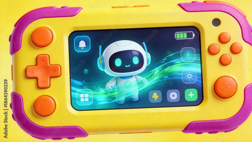 Fototapeta premium A vibrant yellow handheld AI device for kids with pink/orange accents, rugged buttons, and a screen showing a cute smiling robot astronaut character amid glowing green waves