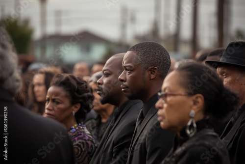 Group of people dressed in black attending a funeral ceremony to pay their last respects during a memorial service