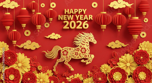 Happy Chinese New Year 2026 Festive Illustration, Traditional Horse, Lanterns, and Flowers, Ready-to-Use Vector Design
