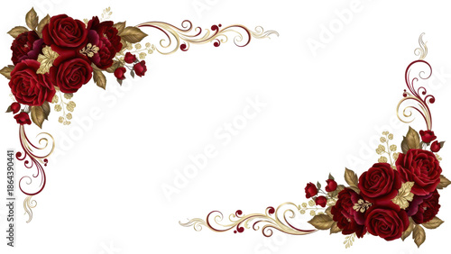 Elegant burgundy and gold floral corner design Dark red flower bouquet for formal certificate or diploma border