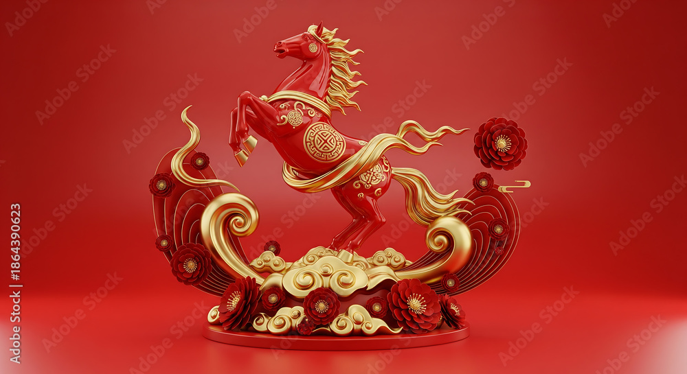Fototapeta premium Red and Gold Lunar New Year Horse Sculpture - Festive Celebration Concept, 3D Rendering, Wallpaper