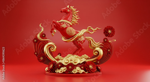 Wallpaper Mural Red and Gold Lunar New Year Horse Sculpture - Festive Celebration Concept, 3D Rendering, Wallpaper Torontodigital.ca