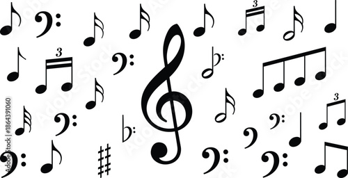 music notes vector collection with treble clef, rhythm symbols and musical notation icons, black silhouette elements for sound design graphics
