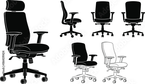 office chair silhouette set, ergonomic swivel seating collection, black vector furniture icons, isolated modern workplace seating equipment pack