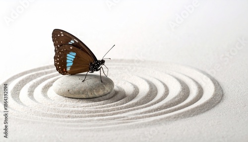 Butterfly on rock in Zen garden with circular sand patterns, white background