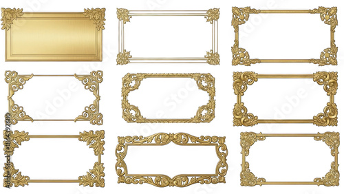 Collection of elegant gold frames isolated on transparent background