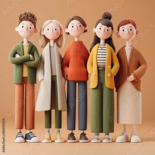 A group of cartoon characters are standing together, with one of them wearing a yellow sweater. The scene is cheerful and lighthearted, with the characters posing for a photo