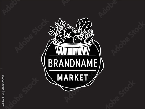 White Line Art Basket with Fresh Produce.