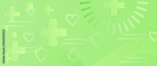 Green abstract healthcare background with soft light shapes, subtle medical crosses, hearts, shield icons. Calm wellness design for health care, prevention, insurance, balance, support, mental health