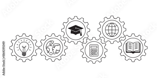 education gear icons with idea globe graduation cap calculator books