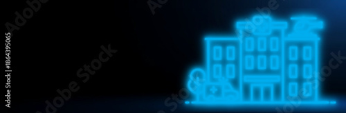 Neon Medical Center: Minimalist Hospital Line Art Background, Futuristic Healthcare Concept: Blue Glowing Hospital Building Vector, Emergency Care Digital Illustration: Dark Hospital Neon Backdrop