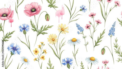 Beautiful vector seamless floral pattern with watercolor hand drawn gentle summer flowers Stock illustration Natural artwork