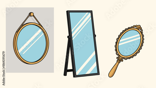 Different types of mirrors: a hanging oval, a standing full-length, and an ornate hand mirror