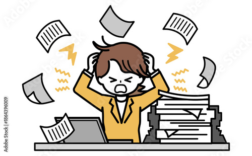 書類に追われて混乱する女性会社員のイラスト