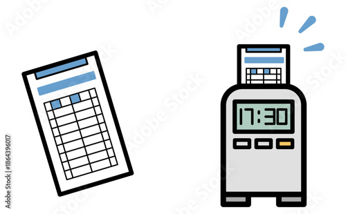シンプルなタイムカードとタイムレコーダーのアイコンイラスト フラットデザインのかわいい勤怠管理素材