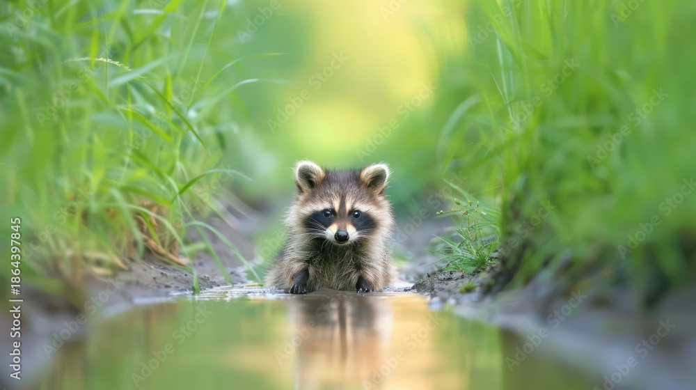 Obraz premium Cute Raccoon Cub Wading in Stream Surrounded by Green Tall Grass in Natural Setting
