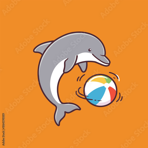 Cute cartoon dolphin playing with a ball in the blue ocean illustration