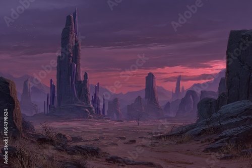 Futuristic Desert Landscape With Towering Structure At Sunset