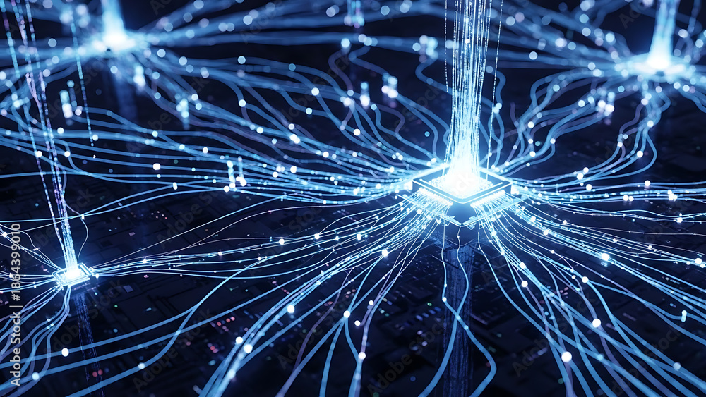 Fototapeta premium A futuristic network of glowing blue lines and nodes against a dark background