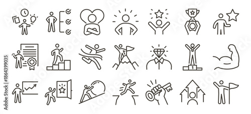 Success, achievement and business leadership line icon set. Career growth, motivation and personal development vector symbols. Winning, goal setting, victory editable stroke outline icons.