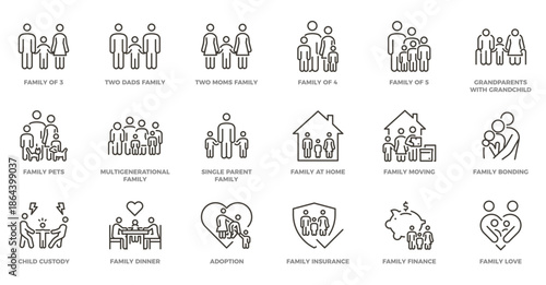 Family icon set. Thin line vector illustration with editable stroke.