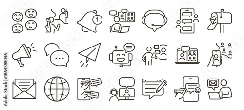 Digital communication, social media, marketing line icons. Messaging, chat notification, email newsletter vector symbols. Online connection, video conference, megaphone editable stroke outline icons.
