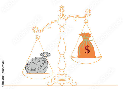 Time is money or the concept of saving time: Dollar bills or cash in a burlap sack and an antique clock on a scale, depict the importance of time and money that everyone must balance.