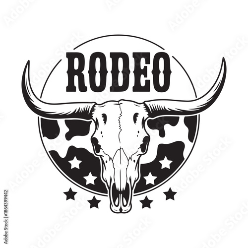 Rodeo bull skull with cow print and stars emblem horns
