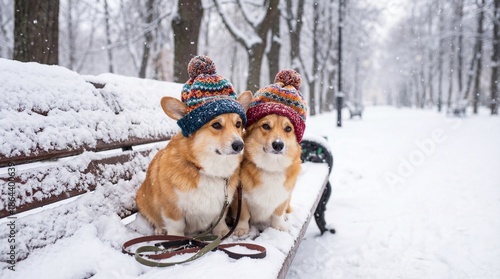 Two adorable Pembroke Welsh corgis wearing colorful knitted winter hats sitting on a snowy park bench
