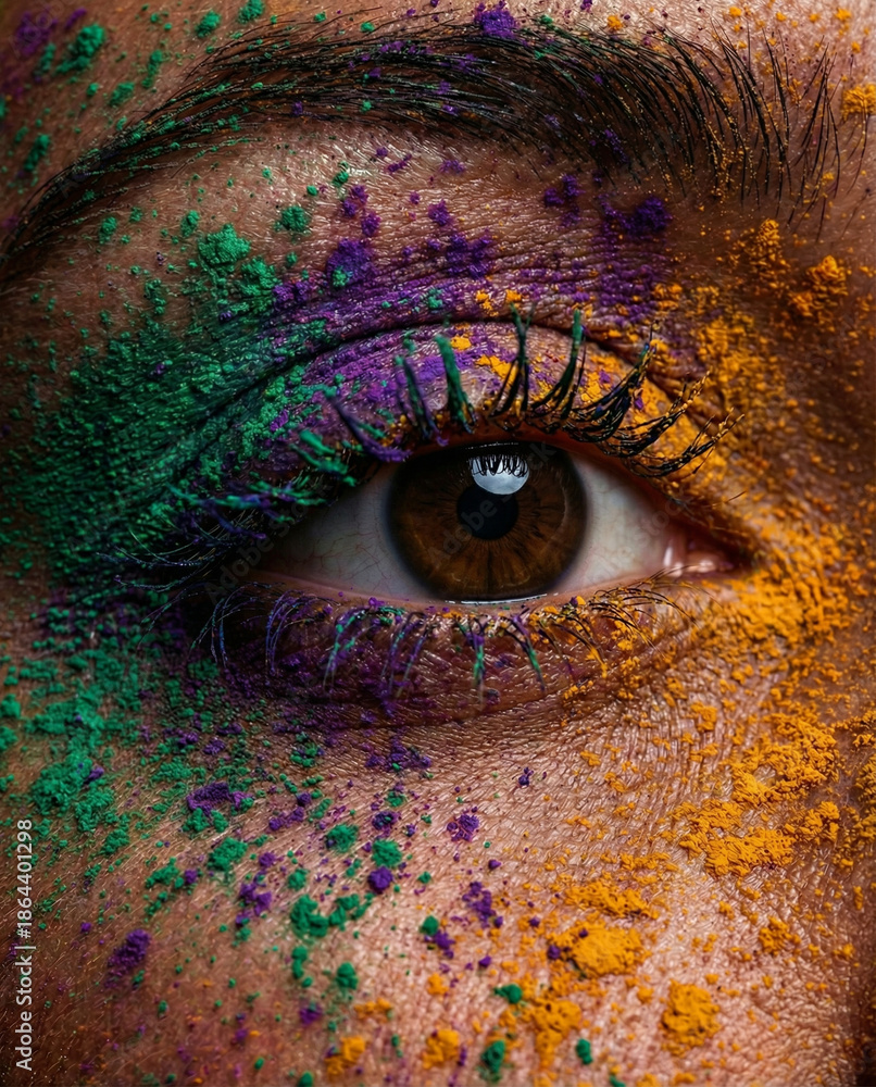 © Eva - Close-up of a brown eye covered with multicolored Holi powders