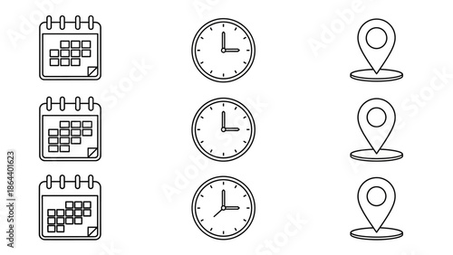 thin line clock calender maps icon