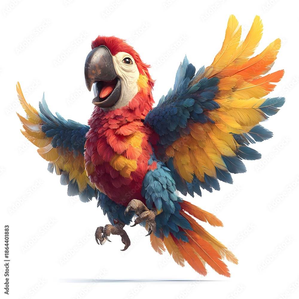 Obraz premium Colorful parrot is flying in the air with its beak open