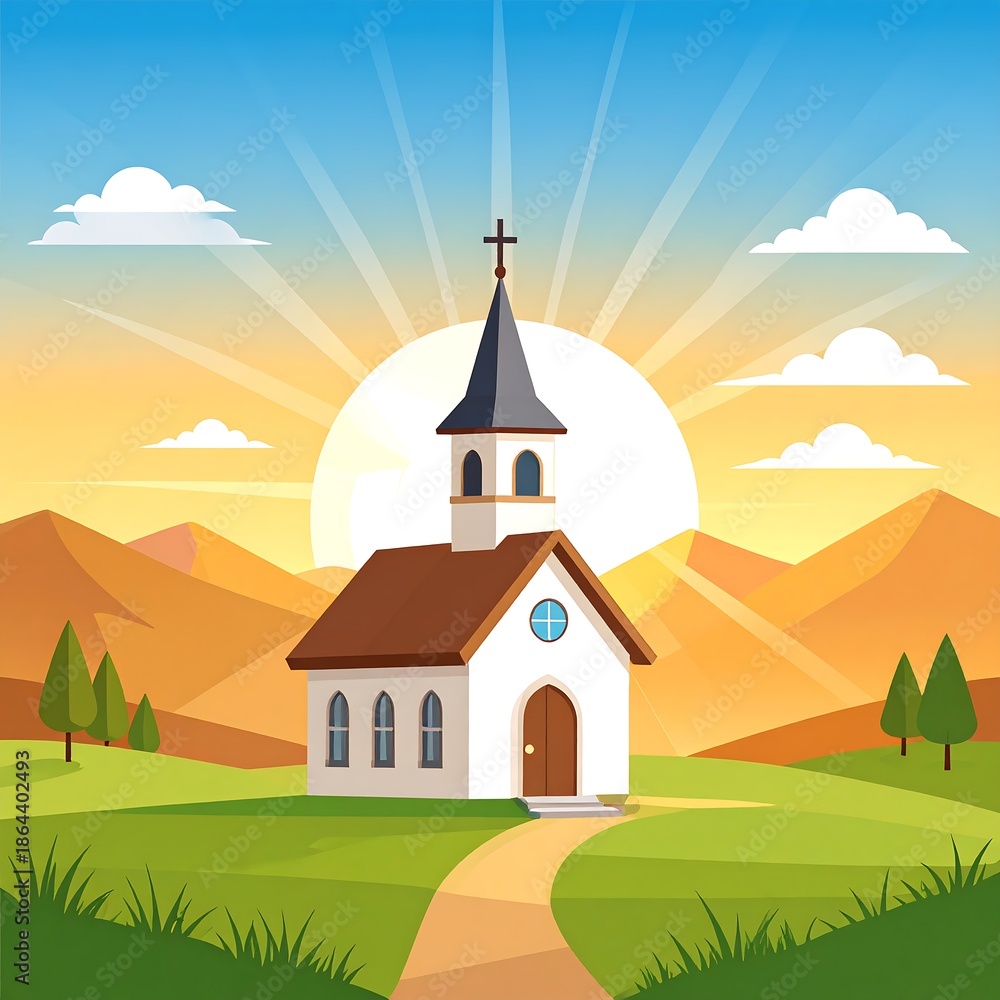 Naklejka premium Cartoon church stands peacefully amid a verdant landscape with mountains and a rising sun in a clear, bright sky