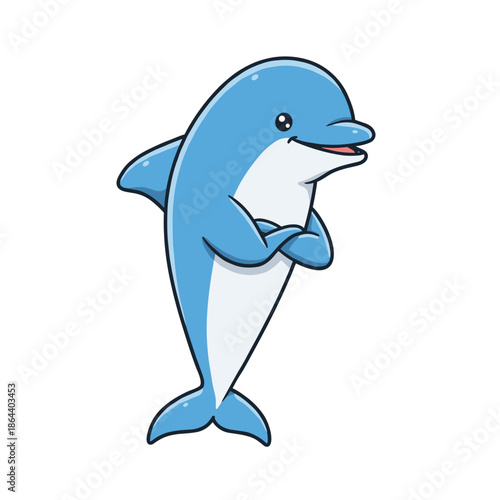 Funny cartoon dolphin jumping and swimming in the blue ocean, a cute marine animal illustration full of fun and life