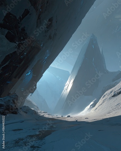 Snowy Mountain Valley With Icy Peaks Under Azure Sky