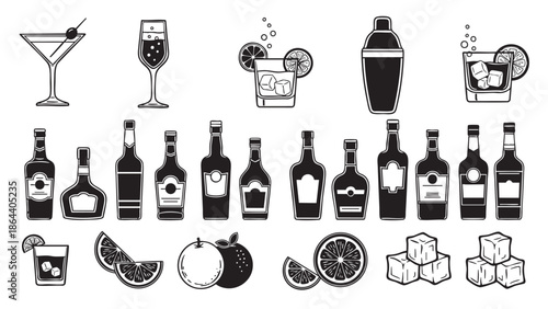 Collection of various drink bottles and cocktail preparation items