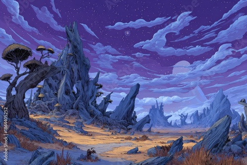 Pixelated Alien Desert Landscape At Night