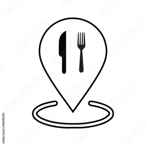 Restaurant Location Line Icon, Map Pin with Fork and Knife Outline Symbol