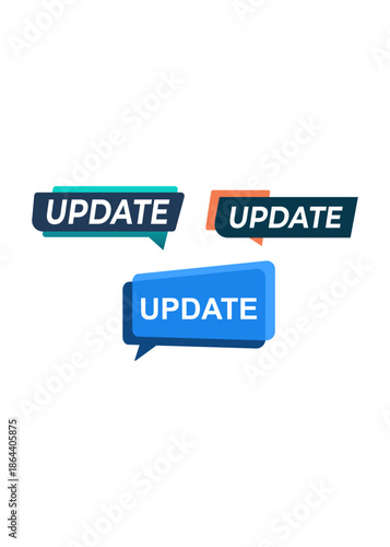 A set of stylized update icons with slanted typography and geometric callout shapes. These colorful graphic overlays are designed for clear user interface alerts.