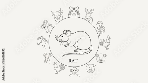 rat, animal, line art, illustration shio zodiac